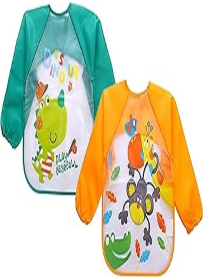 DOMENICO - Domenico waterproof colorful children bib cute cartoon animals baby bibs full sleeve children apron long sleeve feeding bibs, pack of 2 - Image 1