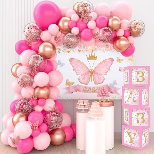 Netnology Pink Butterfly Baby Shower Decorations for Girl Pink Balloon Arch Kit Baby Boxes and Backdrop Kit for Baby Shower Decorations Butterfly Theme Birthday Party Decor - Image 1