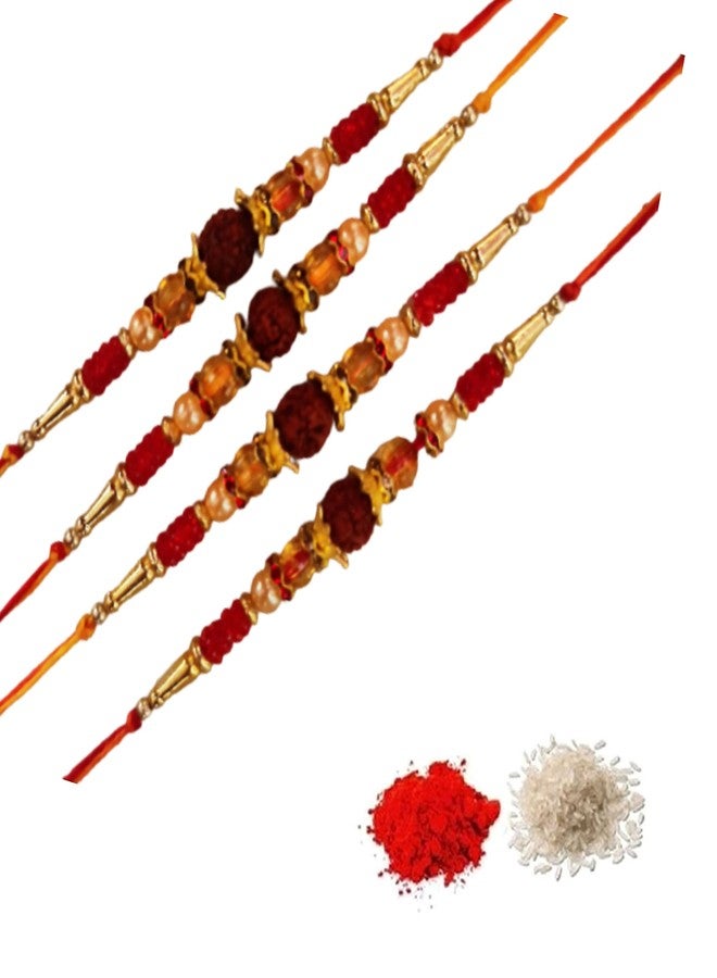 CRAFTOMANIC لؤلؤ فاخر تقليدي، Rudraksh Multi Designer Rakhi للأخ، Raksha Bandhan Rakhi مع Roli TilakPearl Rakhi للرجال والأولاد/مجموعة Dora Rakhi للأخ مع Roli Chawal - Image 1