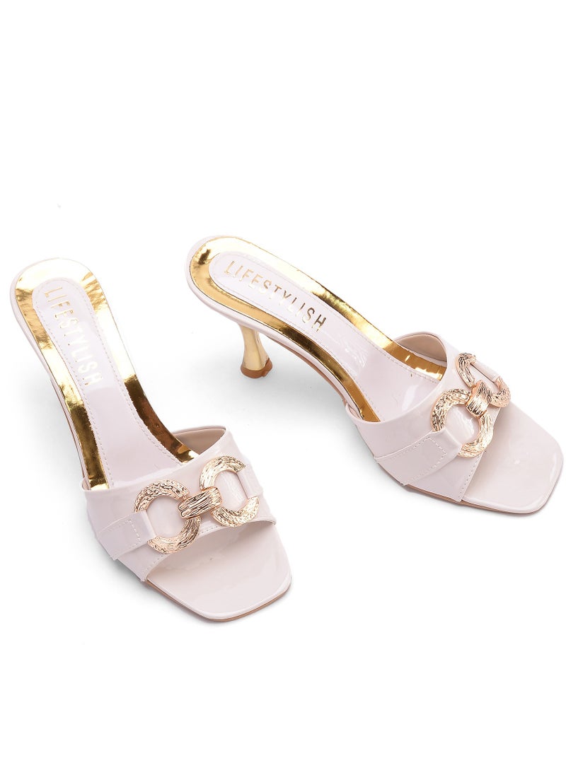 LIFESTYLISH Slipper Heels Leather With Accessories X-5 - Beige Glossy  - Image 2