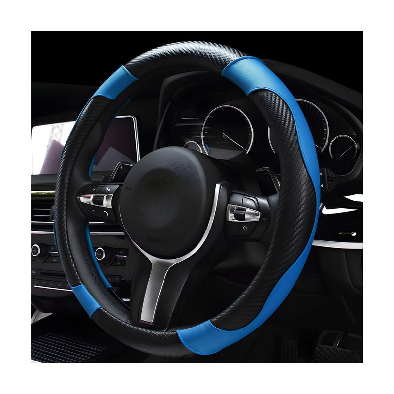 DXNQ Car Steering Wheel Cover, 15 Inch Carbon Fiber Leather Stitching Color Steering Wheel Protector, Anti-Slip Elastic Breathable Steering Wheel Cover Stylish Decor for Most Cars (Black&Blue) - Image 1