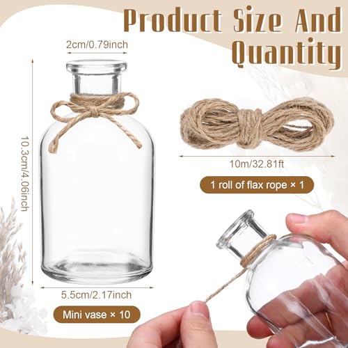 Nuanchu 10 Set Dried Pampas Grass Centerpiece for Wedding 10 Small Glass Vases 10 Dried Pampas Grass Bouquet with Rope for Baby Shower Rustic Bridal Party Farmhouse Decoration - Image 3