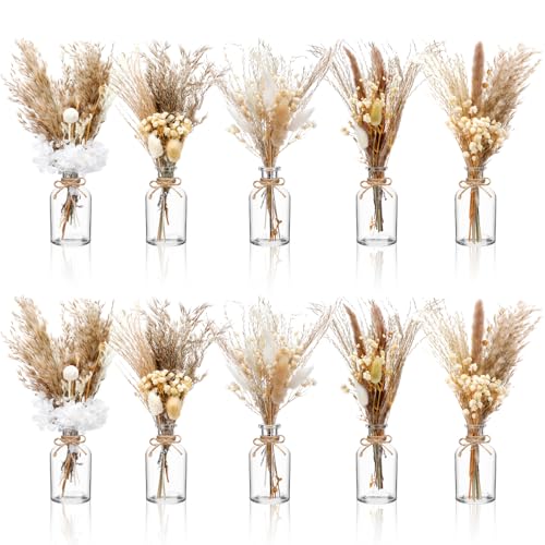 Nuanchu 10 Set Dried Pampas Grass Centerpiece for Wedding 10 Small Glass Vases 10 Dried Pampas Grass Bouquet with Rope for Baby Shower Rustic Bridal Party Farmhouse Decoration - Image 1