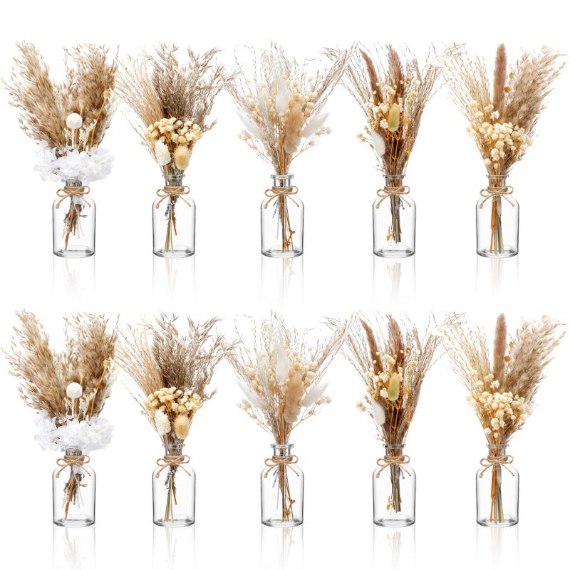 Nuanchu 10 Set Dried Pampas Grass Centerpiece for Wedding 10 Small Glass Vases 10 Dried Pampas Grass Bouquet with Rope for Baby Shower Rustic Bridal Party Farmhouse Decoration - Image 2