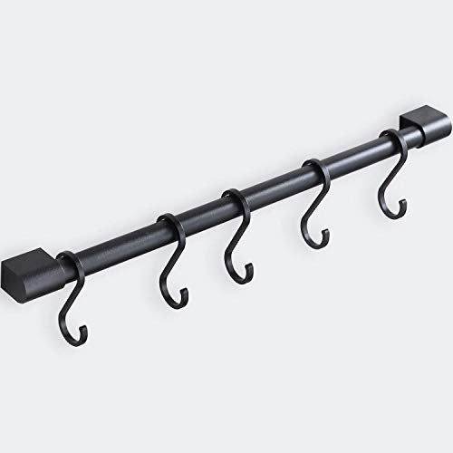 MIAOHUI Kitchen Rail with Hooks, Pan and Pot Hangers for Kitchen Wall Mount, Kitchen Utensil Rack with Removable S Hook, Aluminum (17.3inch_Black_5Hooks) - Image 1