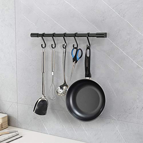 MIAOHUI Kitchen Rail with Hooks, Pan and Pot Hangers for Kitchen Wall Mount, Kitchen Utensil Rack with Removable S Hook, Aluminum (17.3inch_Black_5Hooks) - Image 2