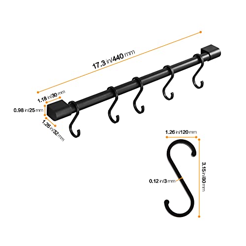 MIAOHUI Kitchen Rail with Hooks, Pan and Pot Hangers for Kitchen Wall Mount, Kitchen Utensil Rack with Removable S Hook, Aluminum (17.3inch_Black_5Hooks) - Image 5
