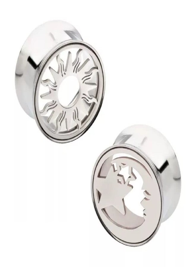 Pierced Owl 316L Stainless Steel Mismatched Cut Out Sun and Moon and Star Double Flared Plugs, Sold As Pair (16mm (5/8")) - Image 2