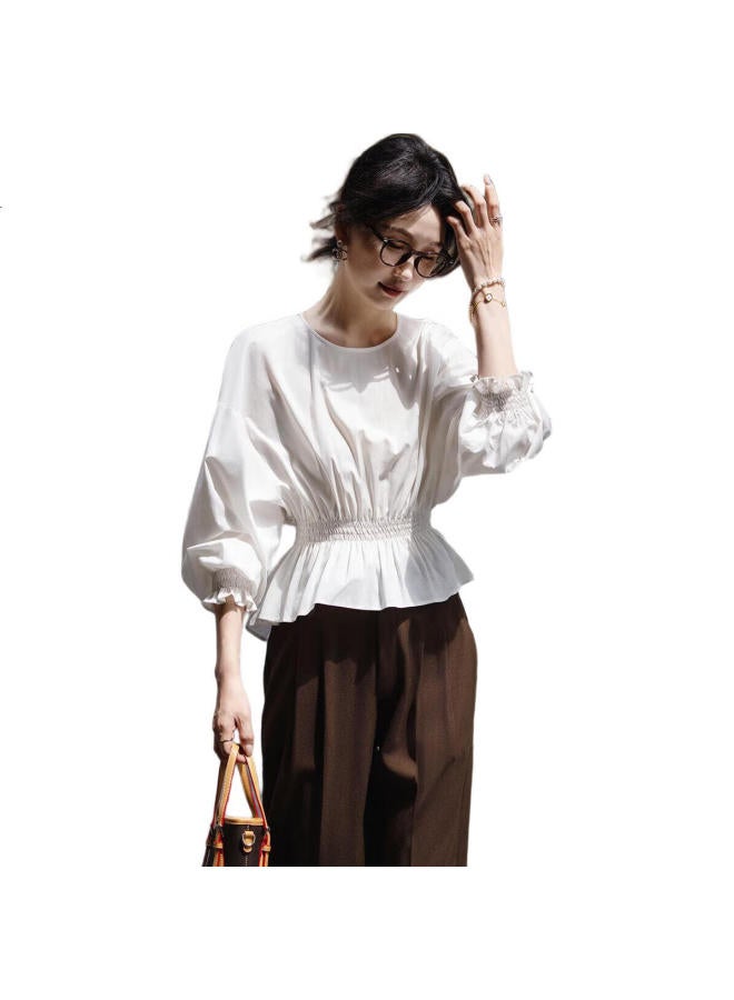 dme Demana [Breathable Cotton] Spring And Autumn French-Style Relaxed Round Neck Slim-Fit Drop Shoulder Concealing Shirt Women'S Top - Image 2
