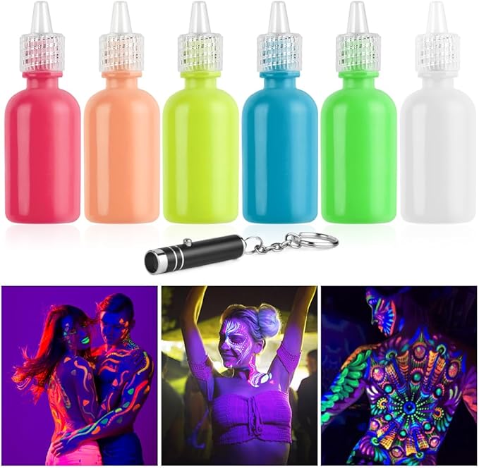 LOPHE UV Body Painting Set 6 Pcs 30ML Ultraviolet Glow Face Paint with UV Lamp UV Glowing Neon Liquid Face Painting Non Toxic Face Body Paint for Carnival Halloween Cosplay Art Paint Light Color