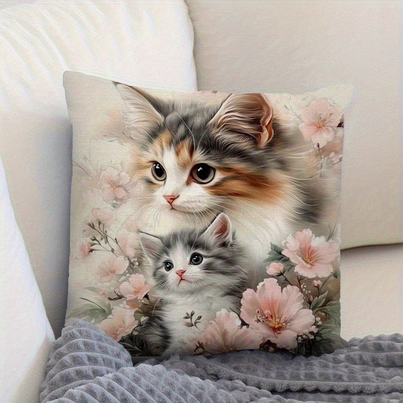 Warm And Cute Cat Floral Pillowcase 17.7 Inches Soft Polyester Zipper Closure Machine Washable - Image 2
