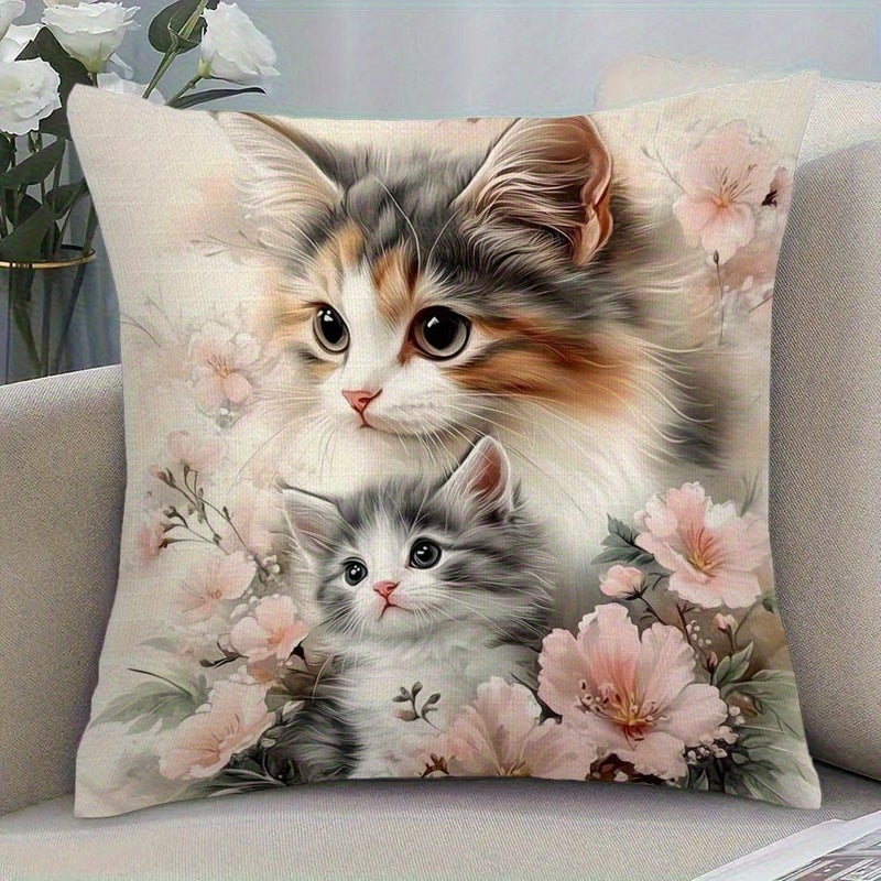 Warm And Cute Cat Floral Pillowcase 17.7 Inches Soft Polyester Zipper Closure Machine Washable - Image 1