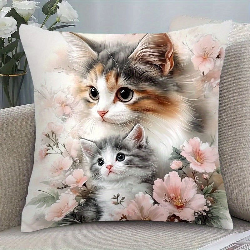 Warm And Cute Cat Floral Pillowcase 17.7 Inches Soft Polyester Zipper Closure Machine Washable - Image 3