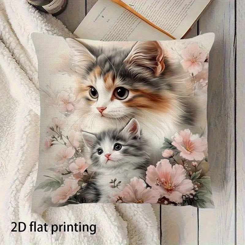 Warm And Cute Cat Floral Pillowcase 17.7 Inches Soft Polyester Zipper Closure Machine Washable - Image 4