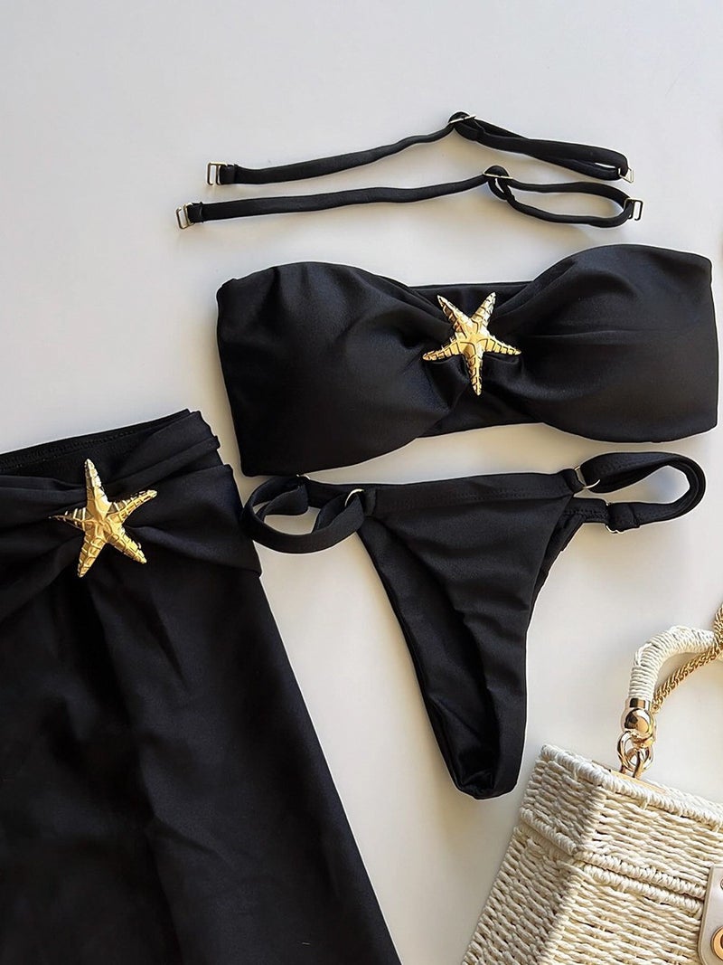 بيكيني ثلاث قطع بلون موحد مقسوم - Image 3