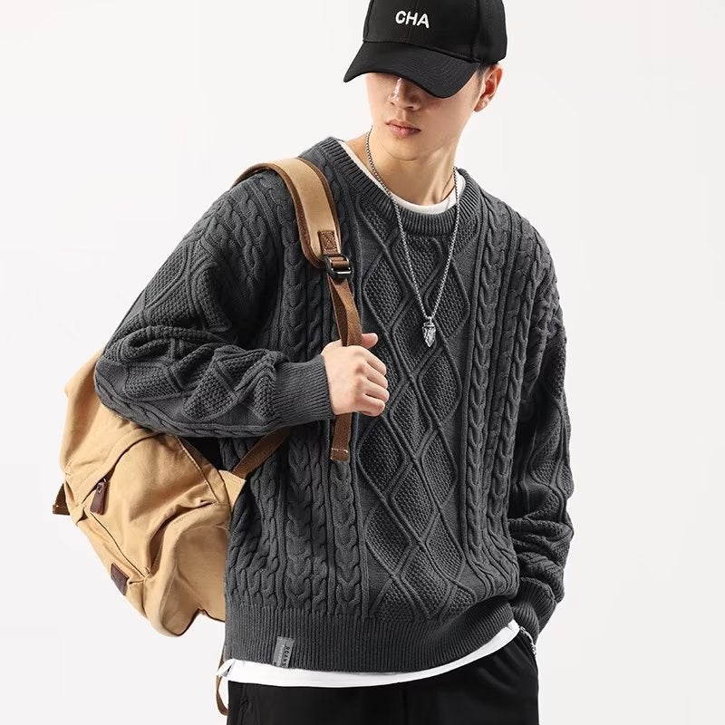 Mens Twisted Knit Sweater Retro Thick Casual Crewneck D21 ink color