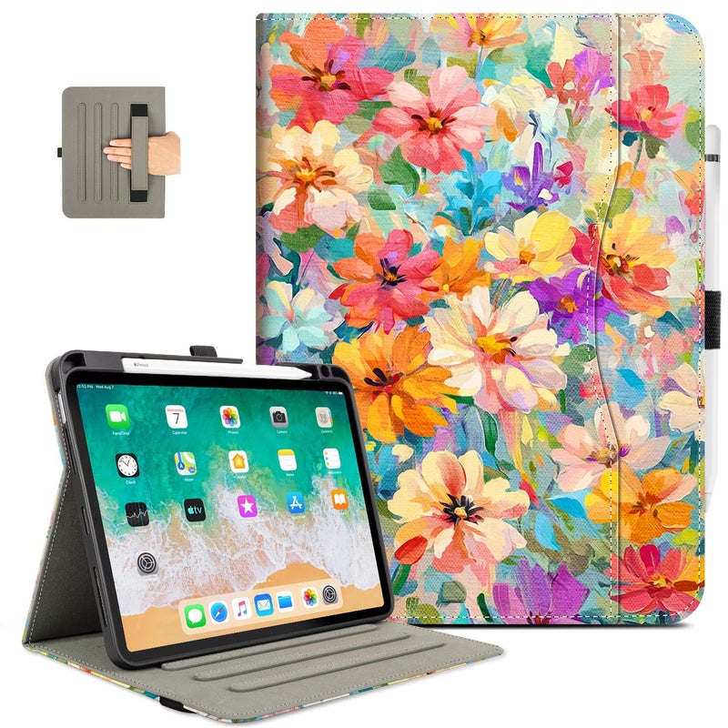 Vimorco Leather Case for iPad Air 4th/5th 10.9, for iPad Air 11 6th M2, for iPad Pro 11 inch 4th/3rd/2nd/1st Generation Cover,Pencil Holder&Handle&Pocket,Multiple Stand Protector, Oil Painting Flowers - Image 1