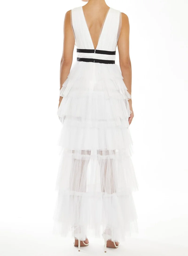 ترو ديكادينس Eliza White Plunging Neck Layered Tulle Skirt Maxi-Dress
