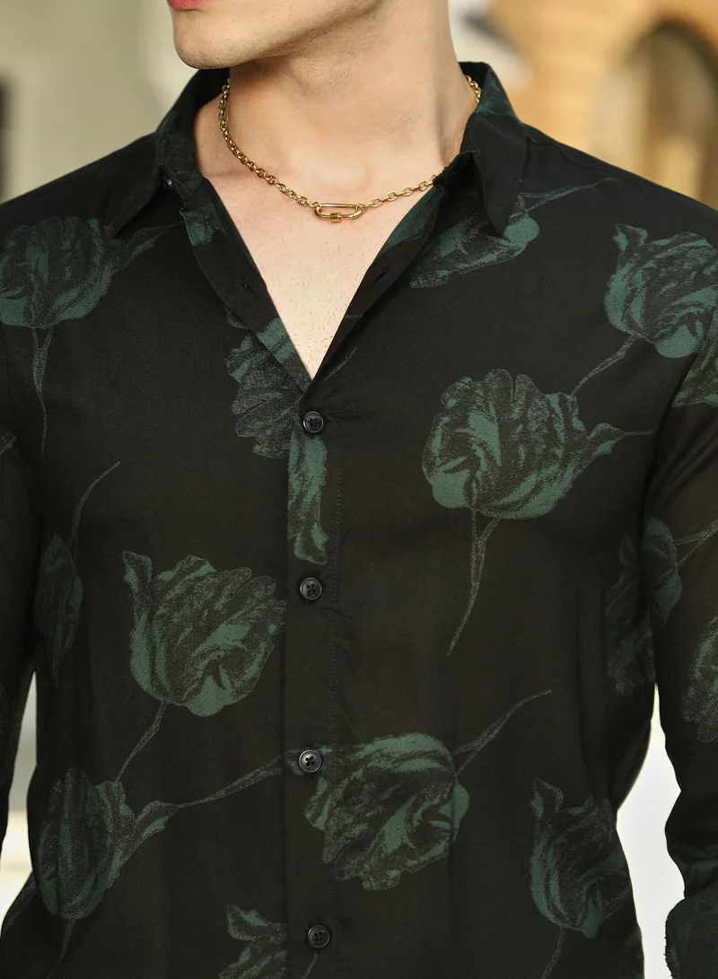 Campus Sutra Men's Sacramento Green Withered-Flower Shirt