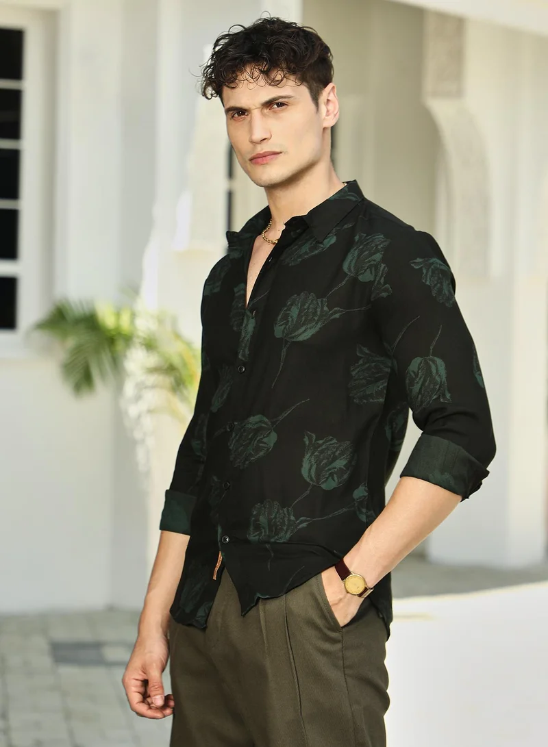 Campus Sutra Men's Sacramento Green Withered-Flower Shirt