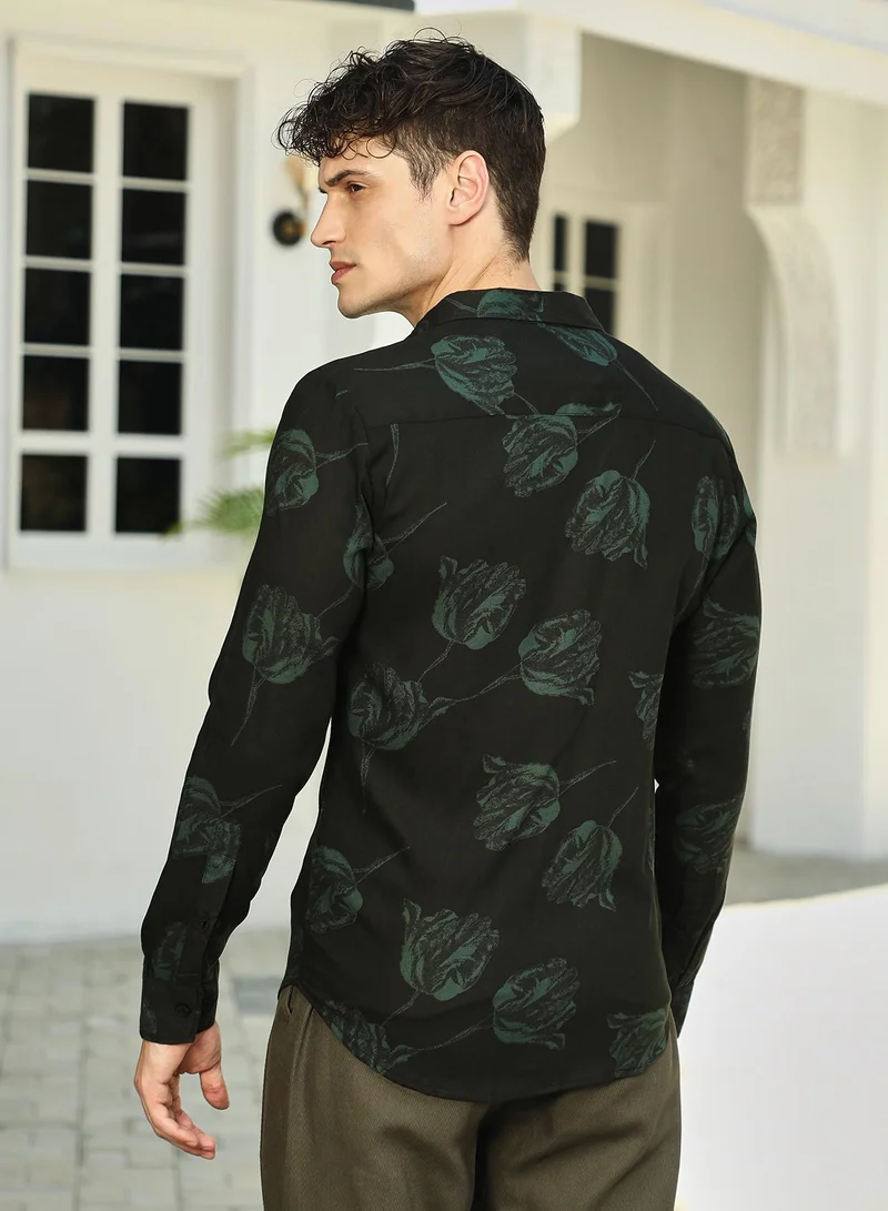 Campus Sutra Men's Sacramento Green Withered-Flower Shirt