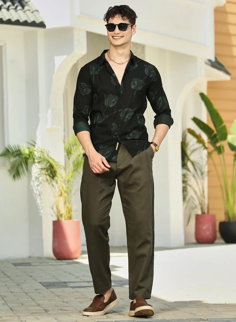 Campus Sutra Men's Sacramento Green Withered-Flower Shirt