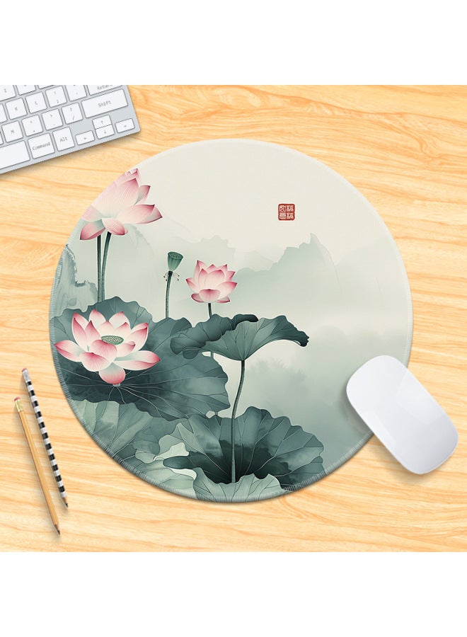 National Tide Lotus Small Size Mouse Pad Chinese Style Brush Painting Office Desk Mat Lock Edge Thickened Round Simple Flower And Bird For Men 