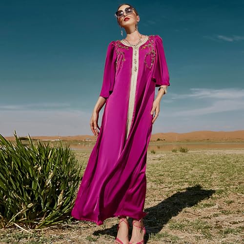 OBEEII Womens Moroccan Wedding Dress Muslim Abaya Dress Elegant Rhinestones Kaftan Maxi Dress Islamic Wedding Guest Dress Dubai Long Sleeve Ramadan Prayer Clothes Evening Robe Dress Hot Pink XL - Image 3