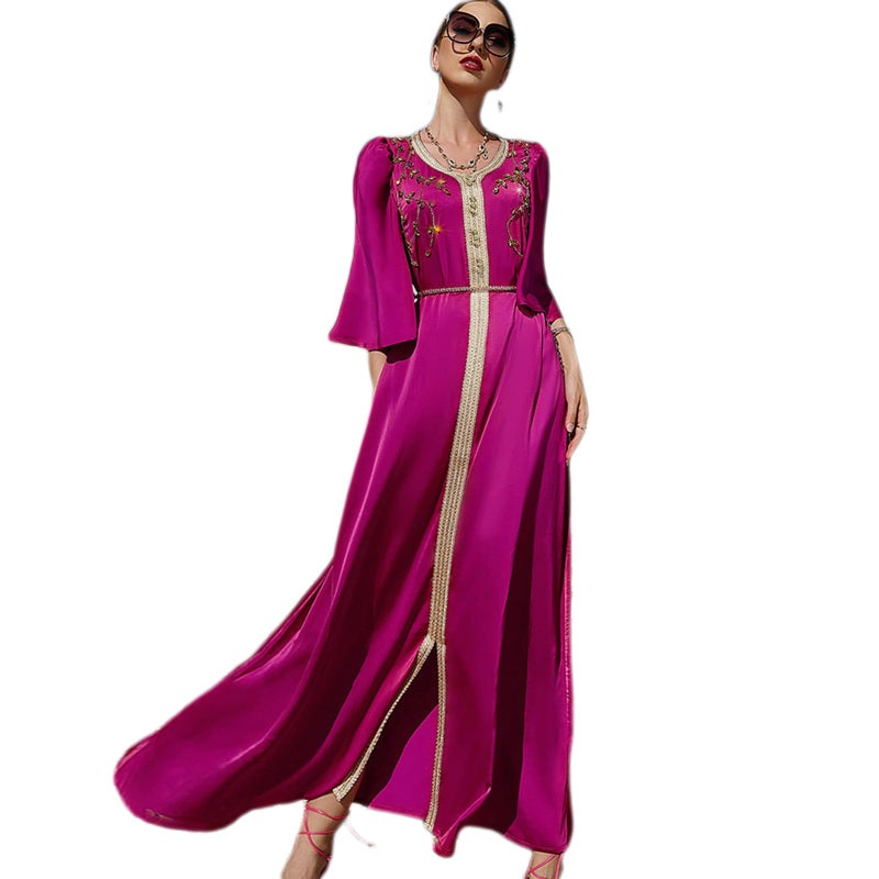 OBEEII Womens Moroccan Wedding Dress Muslim Abaya Dress Elegant Rhinestones Kaftan Maxi Dress Islamic Wedding Guest Dress Dubai Long Sleeve Ramadan Prayer Clothes Evening Robe Dress Hot Pink XL - Image 2