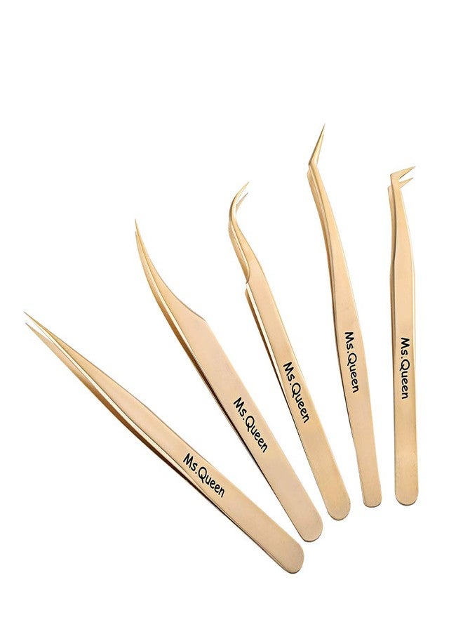 Ms.Queen Eyelash Extension Tweezers-Precision Tweezers for 2D-6D Volume&Individual False Lashes Extensions-Golden-5pcs Tweezers Set - Image 4