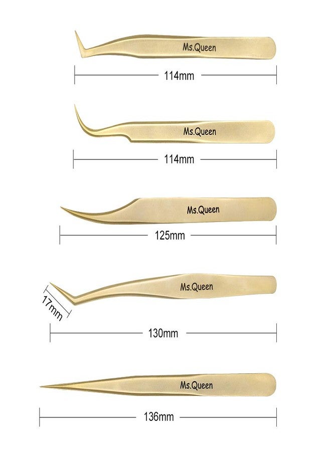 Ms.Queen Eyelash Extension Tweezers-Precision Tweezers for 2D-6D Volume&Individual False Lashes Extensions-Golden-5pcs Tweezers Set - Image 5