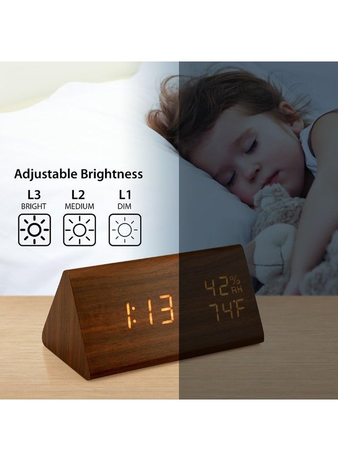 Oct17 ساعة منبه خشبية OCT17، ساعة رقمية ذكية LED لغرف النوم/المكاتب، مطورة مع عرض الوقت ودرجة الحرارة، سطوع قابل للتعديل وتحكم صوتي، عرض الرطوبة - بني - Image 4