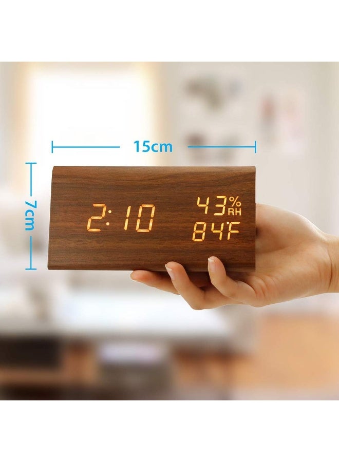 Oct17 ساعة منبه خشبية OCT17، ساعة رقمية ذكية LED لغرف النوم/المكاتب، مطورة مع عرض الوقت ودرجة الحرارة، سطوع قابل للتعديل وتحكم صوتي، عرض الرطوبة - بني - Image 3