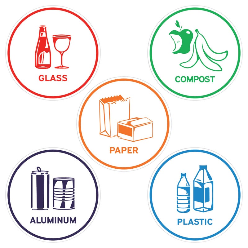Sutter Signs Recycling Stickers for Trash Can 35 Wide  5pcs Recycle Stickers for Plastic Bins  Paper Aluminum Plastic Glass Compost