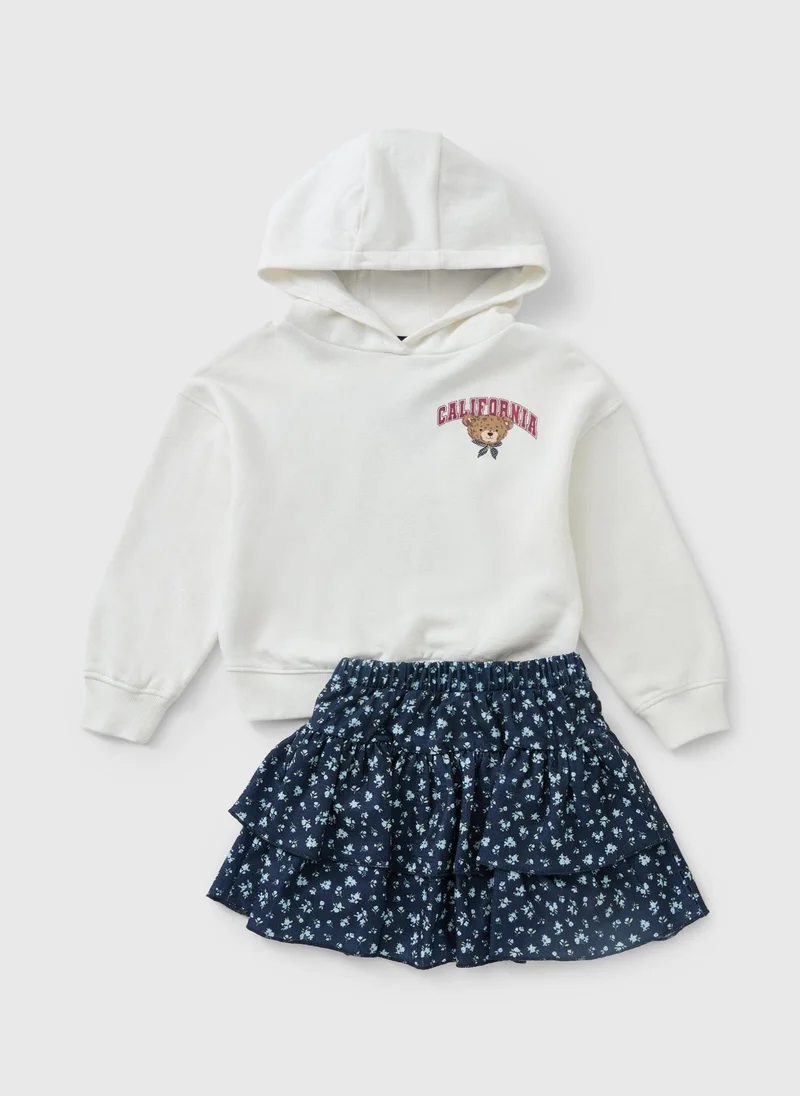 ماتلان Girls Cream Bear Hoody & Skirt Set