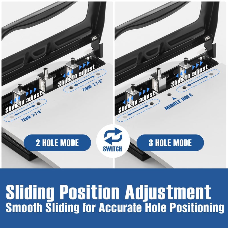 XOOL 3 Hole Punch, Heavy Duty Metal Hole Puncher for 2 or 3 Holes, 9/32" 7mm Hole Diameter, 40-Sheet Capacity, Adjustable Hole Spacing, Non-Slip Base for Office & School - Image 4