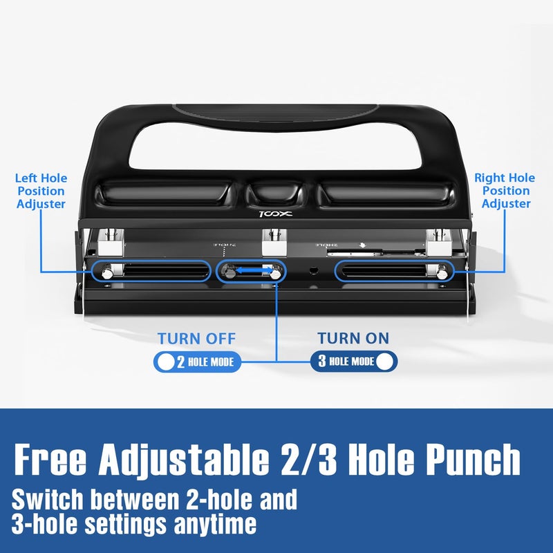 XOOL 3 Hole Punch, Heavy Duty Metal Hole Puncher for 2 or 3 Holes, 9/32" 7mm Hole Diameter, 40-Sheet Capacity, Adjustable Hole Spacing, Non-Slip Base for Office & School - Image 3