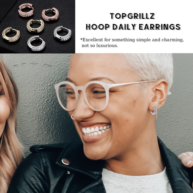 TOPGRILLZ Iced Out Hoop Earrings Cubic Zirconia Huggie Cartilage Cuff Hypoallergenic 14K Gold Plated Luxury Fashion Round Circle Earrings For Men Women-18Silver - Image 5
