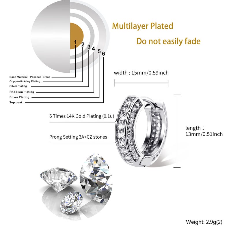 TOPGRILLZ Iced Out Hoop Earrings Cubic Zirconia Huggie Cartilage Cuff Hypoallergenic 14K Gold Plated Luxury Fashion Round Circle Earrings For Men Women-18Silver - Image 2