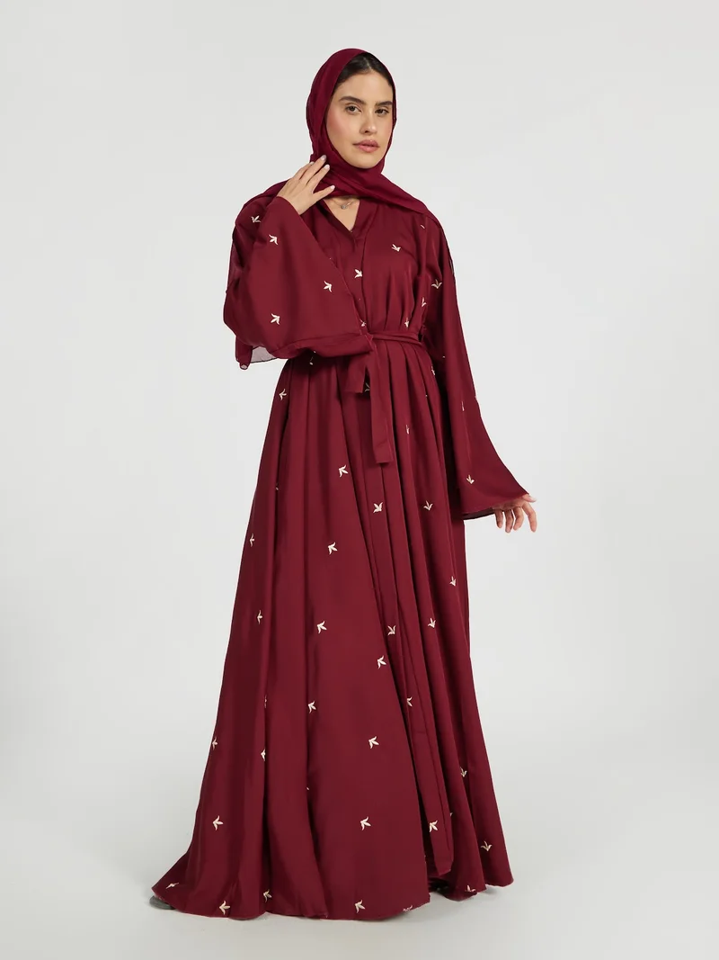 عباءات ريم Maroon Flared Abaya with Delicate Floral Leaf Embroidery