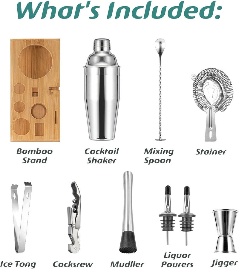 Semderm Cocktail Shaker Set, Mixology Bartender Kit 10-Piece Bar Tools Set with Stylish Bamboo Stand, Bar kit: Martini Shaker Muddler Jigger with All Essential Accessory Tools Gifts for Men Dad - Image 2