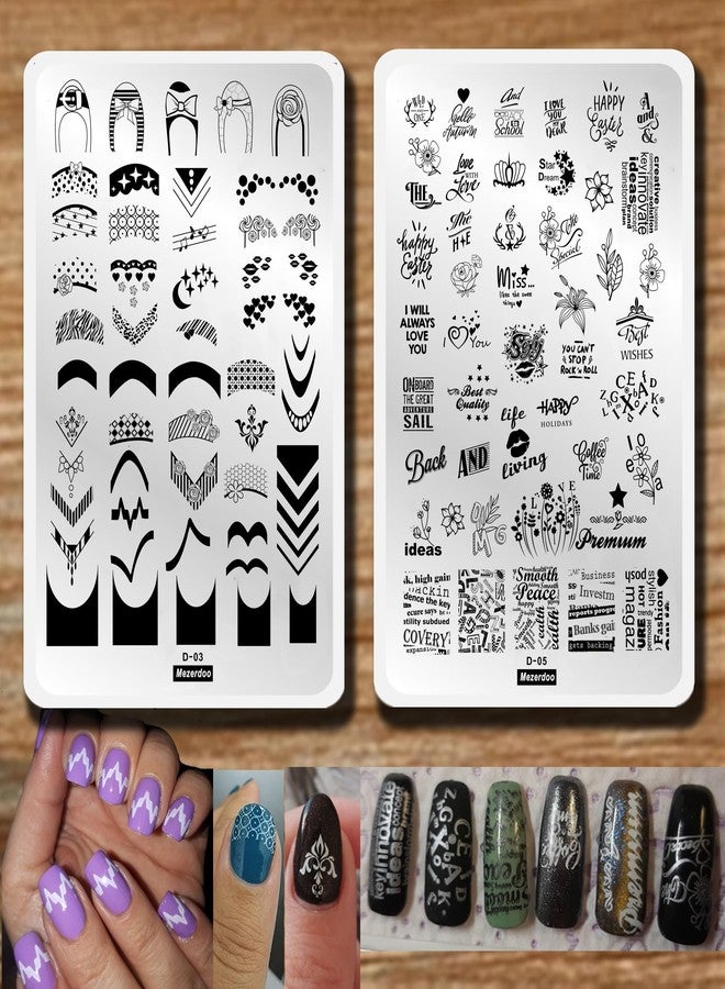 Mezerdoo 2pcs French Nail Stamper Plate Kit English Letter Flowers Nail Stamping Plates Star Heart Nail Art Plates Rectangle Nail Stencil Heel Bow Lollipop Pattern Manicure Template 9.5x14.5cm Nail Stamp Tools - Image 1