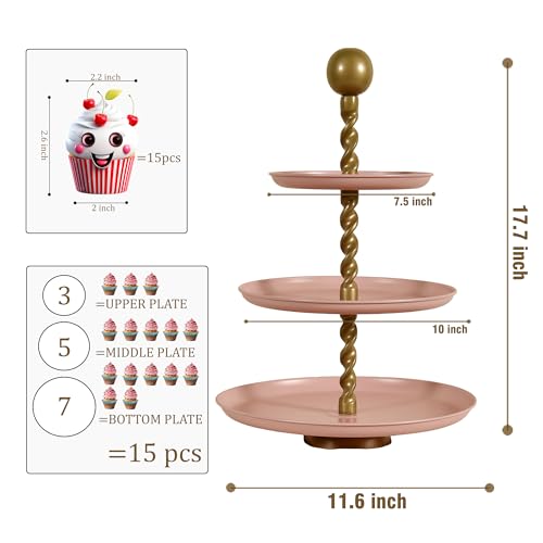 Elan Swirl 3 Tier Cupcake Stand, Mild Steel, Round, Multipurpose Dessert Serving Platter for Party, Birthday, Wedding (Dusty Rose) - Image 2