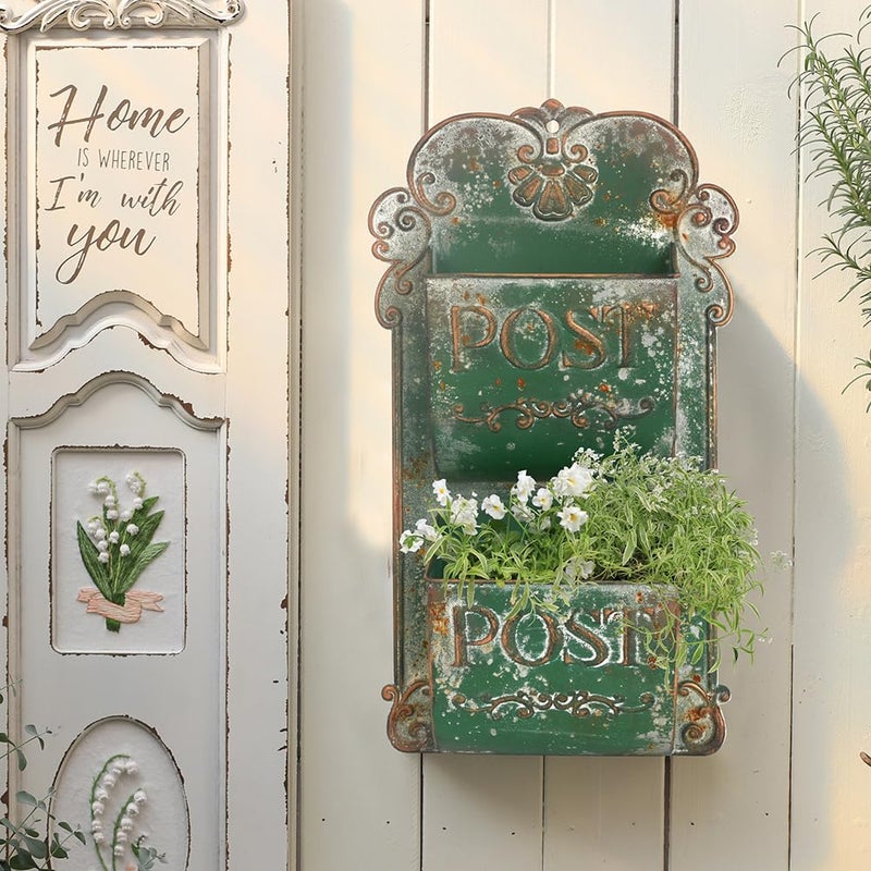 All Chic Wall Hanging Planter Outdoor Wall Planters Metal Wall Planter Flower Pot Double Layer Wall Planters for Indoor Ourtdoor Plants Porch Decor (Green) - Image 4