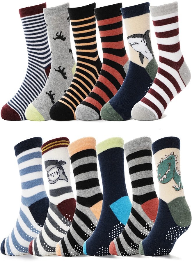 ANTSANG Baby Boys Grips Socks Kids Toddlers Infants Non Slip/Anti Skid Crew Cotton Socks 12 Pairs, Brown Striped(12 Pairs), 5-8 Years - Image 1