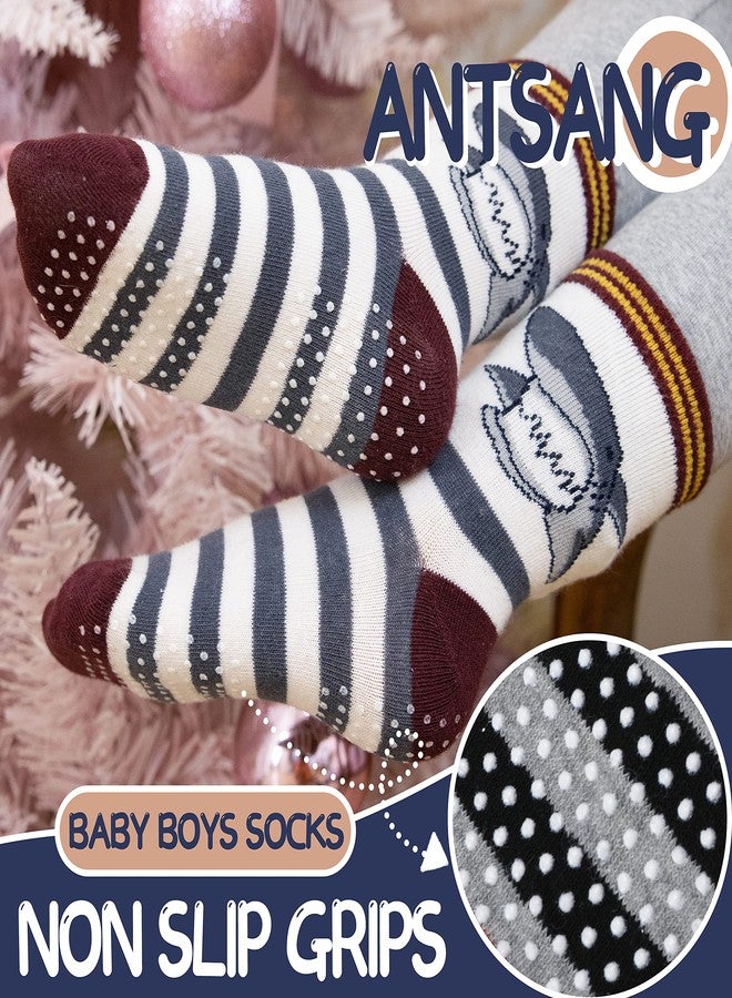 ANTSANG Baby Boys Grips Socks Kids Toddlers Infants Non Slip/Anti Skid Crew Cotton Socks 12 Pairs, Brown Striped(12 Pairs), 5-8 Years - Image 3