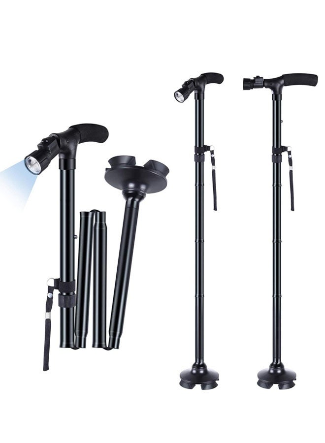 عصا مشي قابلة للطي مع ضوء LED ارتفاع قابل للتعديل عكازات قابلة للطي لكبار السن والمرضى (أسود) - Image 2