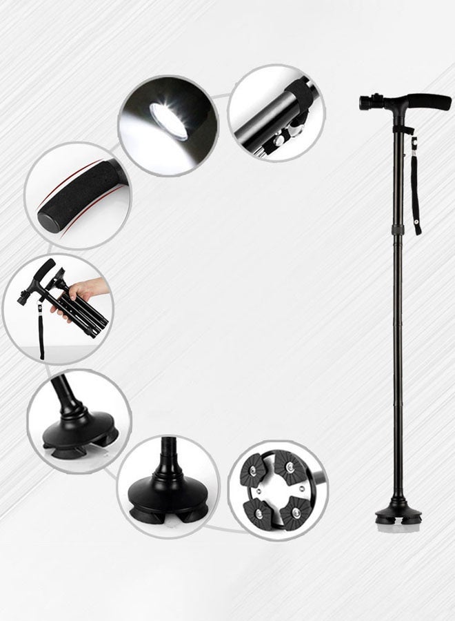 عصا مشي قابلة للطي مع ضوء LED ارتفاع قابل للتعديل عكازات قابلة للطي لكبار السن والمرضى (أسود) - Image 3