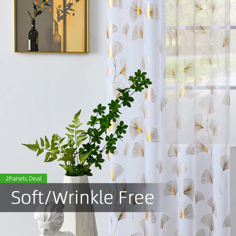 youleyar Gold Foil Print Voile Sheer Curtains, Leaves Grommet Top Window Drapes 84 Inches Long, Luxury Metallic Bronzing Treatment Panels for Home Window Decoration, 2 Panels - Image 4
