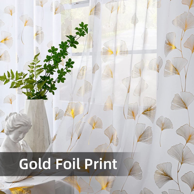 youleyar Gold Foil Print Voile Sheer Curtains, Leaves Grommet Top Window Drapes 84 Inches Long, Luxury Metallic Bronzing Treatment Panels for Home Window Decoration, 2 Panels - Image 3